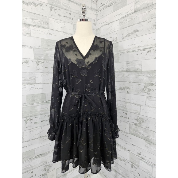 AllSaints Dresses & Skirts - Allsaints Alia Flora Dress Black Sheer Overlay Gold Floral Patterns Women M